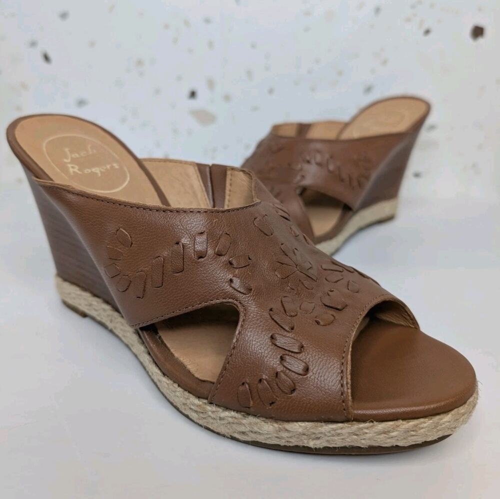 Jack Rogers Reta Brown Woven Leather Slide Wedge Heel Sandals Shoes Size 6.5 M